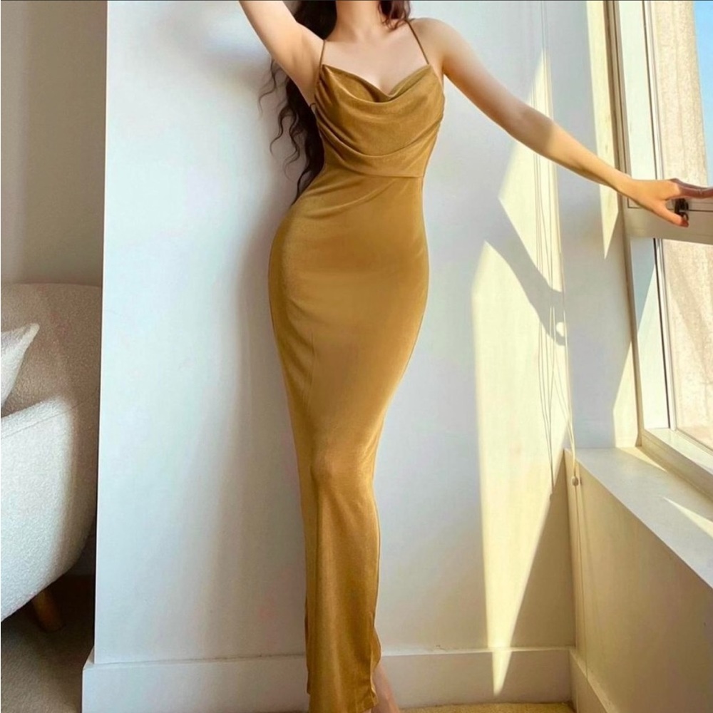 Gold Cowl Neck Maxi Dress